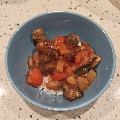 Sweet and sour pork served with rice